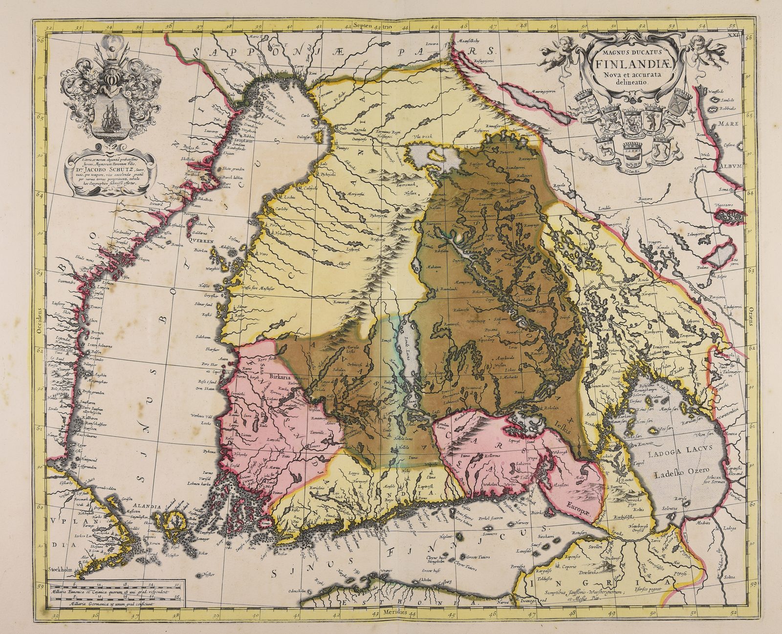 A hand-coloured engraved map of Finland from 1680, covering the Gulf of Bothnia to Lake Ladoga. The provinces are tinted in pink, yellow and brown and named in Latin, among them Cajania, Savolaxia, Tavastia, Nylandia, Finlandia and Carelia, with Esthonia across the Gulf of Finland at the bottom. Coats of arms and a title cartouche sit in the upper corners.