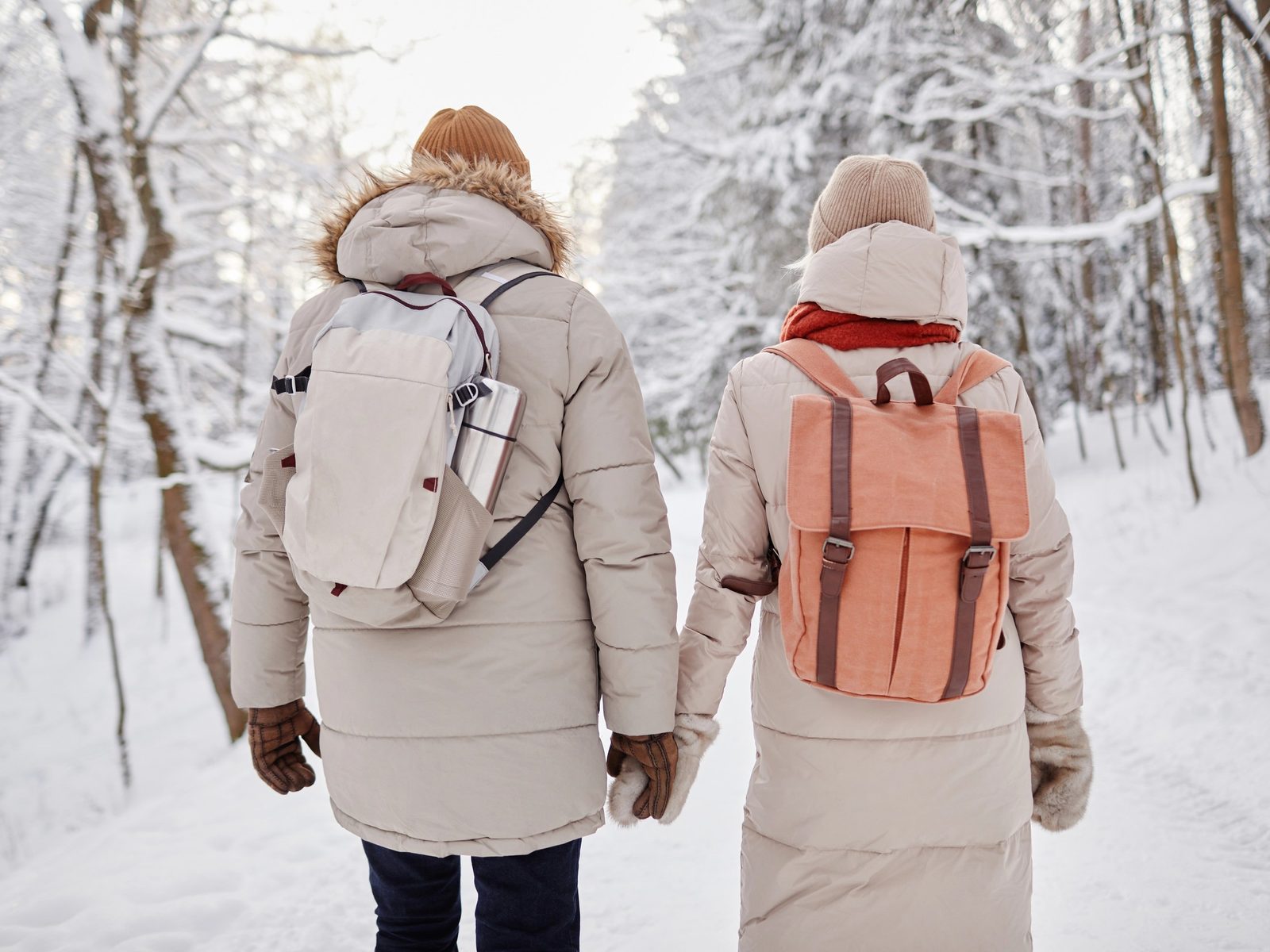 Seen from behind, a couple in long winter coats and backpacks walk hand in hand along a snowy forest path.